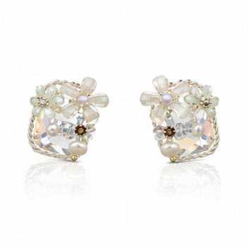 White Floral Crystal Cluster Stud Earrings – Delicate Pearl Bridal Jewelry