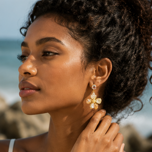 Gold Baroque Pearl Flower Drop Earrings – Luxury Statement Floral Jewelry