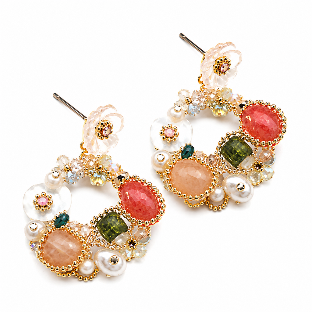 Pink Stone & Pearl Floral Hoop Earrings – Colorful Natural Gem Jewelry