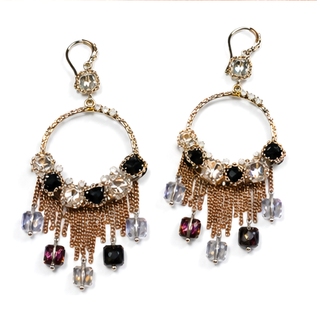 Bohemian Black & Purple Crystal Chandelier Drop Earrings – Gold Tassel Statement Jewelry