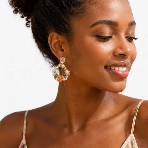 Pink Stone & Pearl Floral Hoop Earrings – Colorful Natural Gem Jewelry