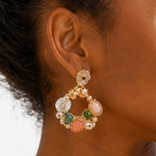 Pink Stone & Pearl Floral Hoop Earrings – Colorful Natural Gem Jewelry