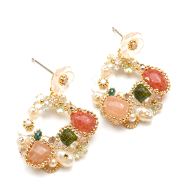 Pink Stone & Pearl Floral Hoop Earrings – Colorful Natural Gem Jewelry