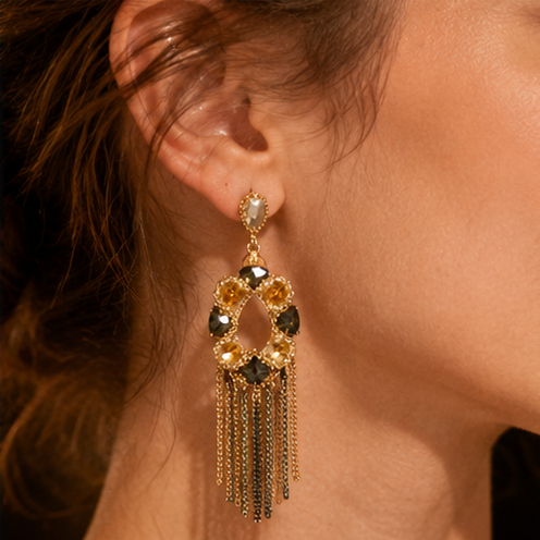Gold & Smoke Crystal Tassel Drop Earrings – Glamorous Chain Fringe Jewelry