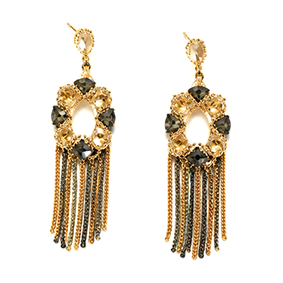 Gold & Smoke Crystal Tassel Drop Earrings – Glamorous Chain Fringe Jewelry
