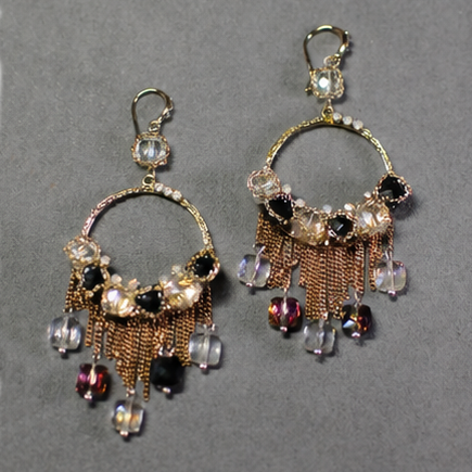 Bohemian Black & Purple Crystal Chandelier Drop Earrings – Gold Tassel Statement Jewelry