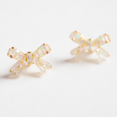 Iridescent Crystal Bow Stud Earrings – Delicate Aurora Bridal Jewelry