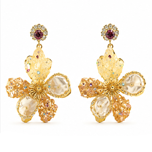 Gold Baroque Pearl Flower Drop Earrings – Luxury Statement Floral Jewelry