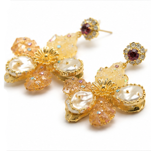 Gold Baroque Pearl Flower Drop Earrings – Luxury Statement Floral Jewelry