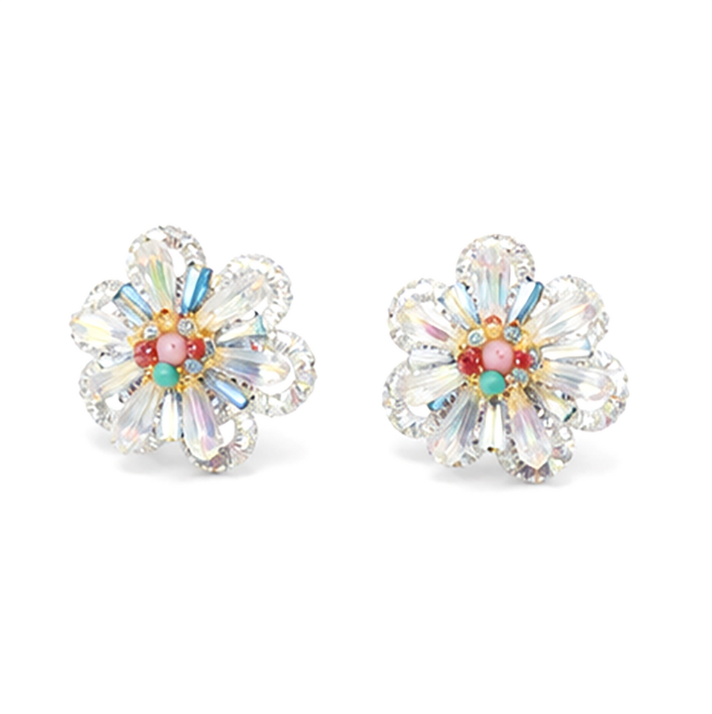 Aurora Crystal Flower Stud Earrings– Iridescent Colorful Floral Jewelry