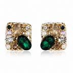 Emerald Green & Champagne Crystal Square Stud Earrings – Vintage Gold Jewelry
