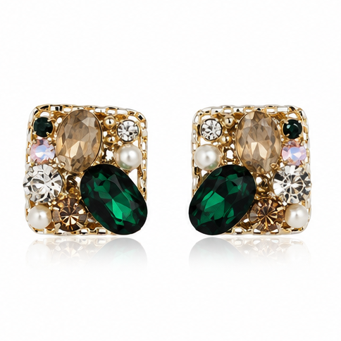 Emerald Green & Champagne Crystal Square Stud Earrings – Vintage Gold Jewelry