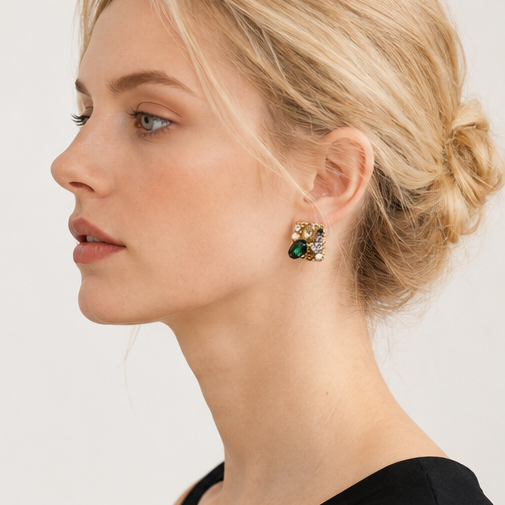 Emerald Green & Champagne Crystal Square Stud Earrings – Vintage Gold Jewelry