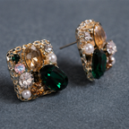 Emerald Green & Champagne Crystal Square Stud Earrings – Vintage Gold Jewelry