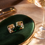Emerald Green & Champagne Crystal Square Stud Earrings – Vintage Gold Jewelry
