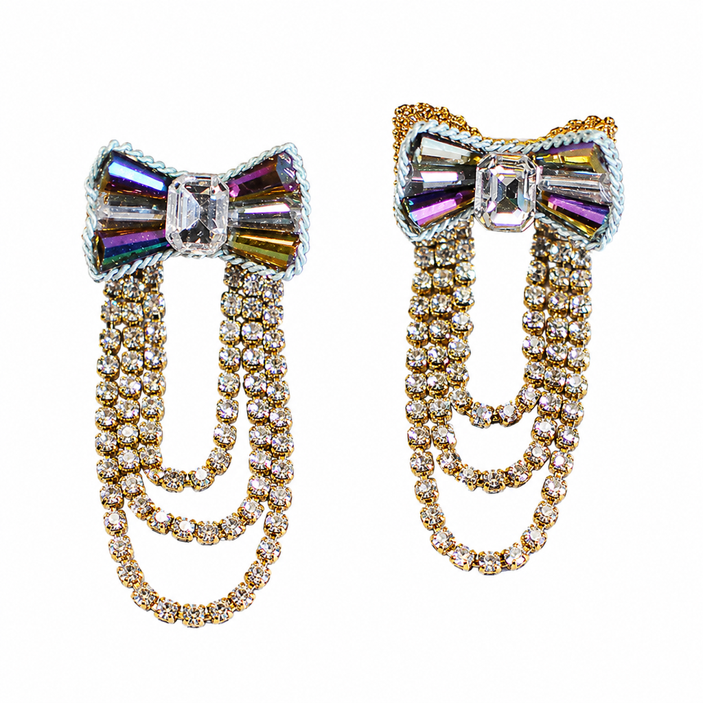 Crystal Bow & Gold Chain Drop Earrings
