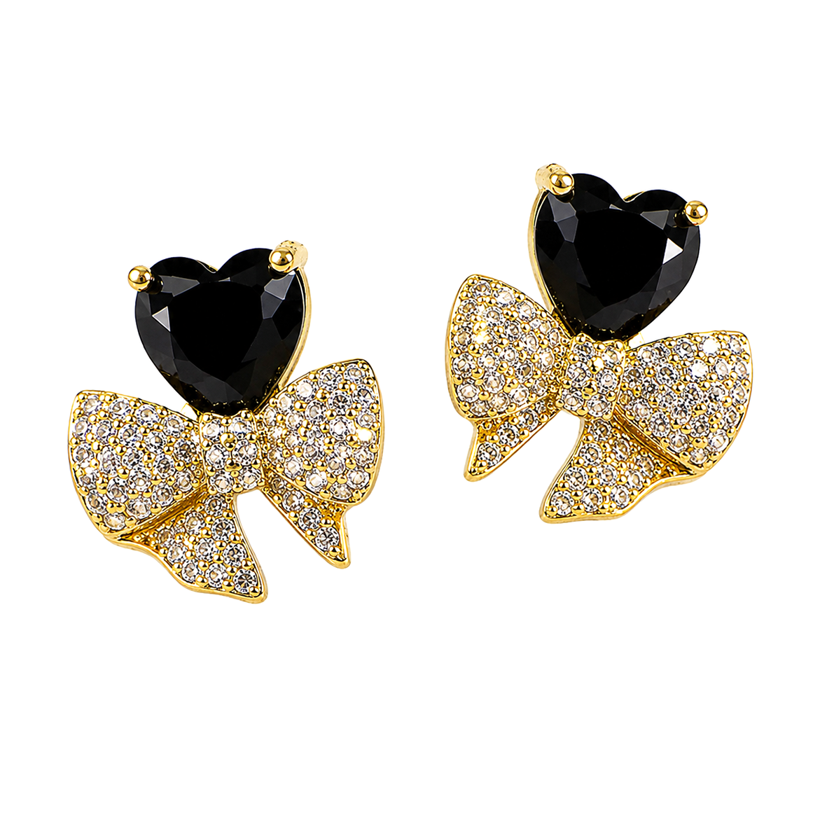 Gold-Tone Black Heart & Crystal Bow Stud Earrings