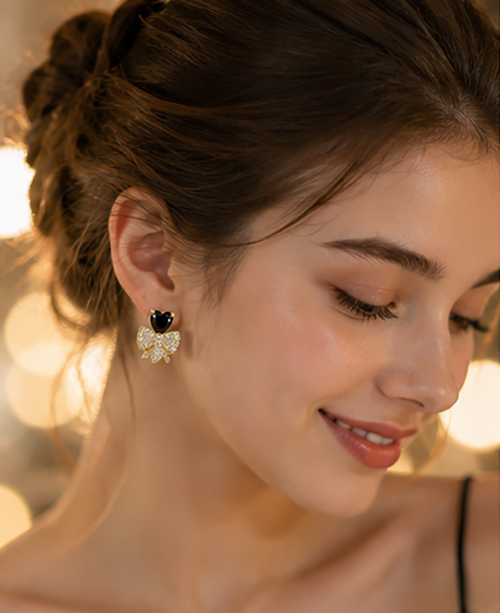 Gold-Tone Black Heart & Crystal Bow Stud Earrings