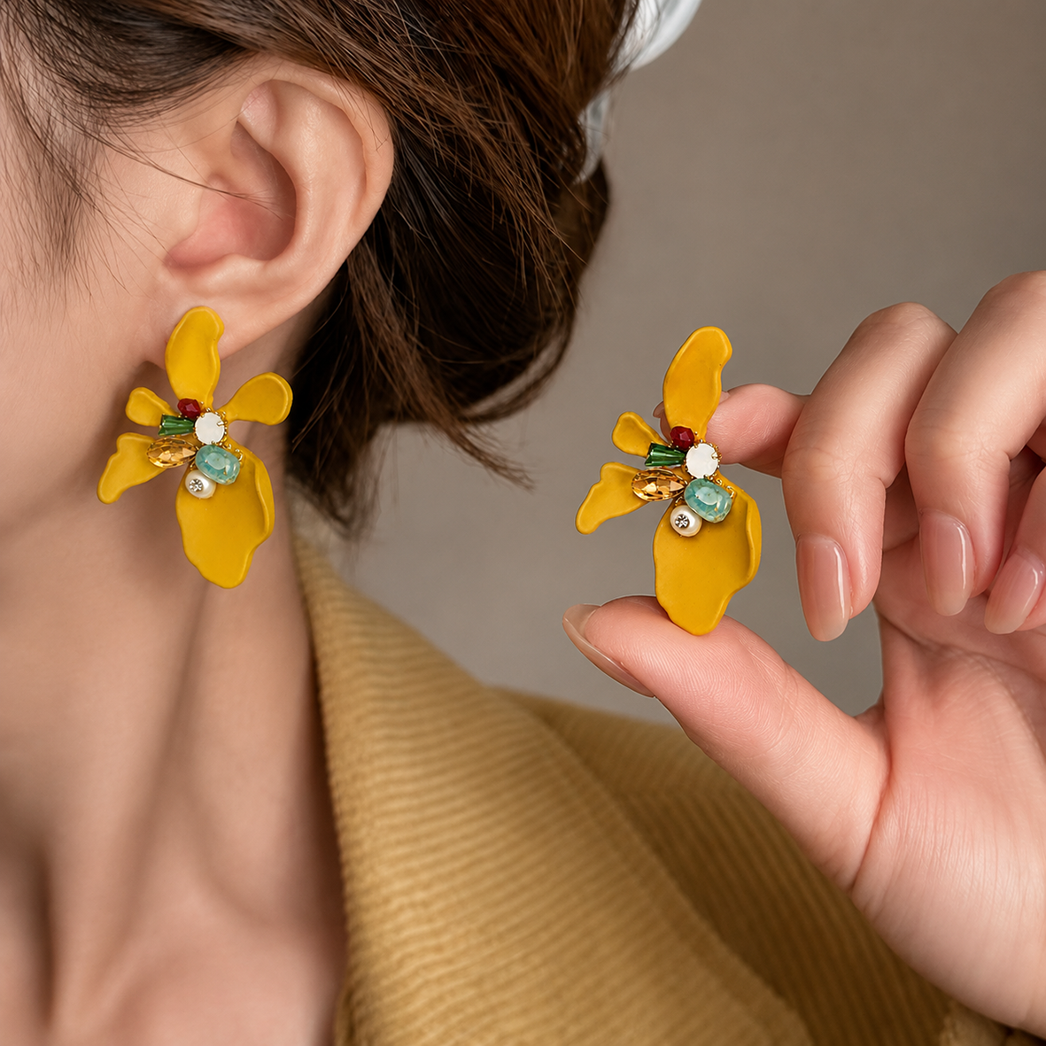 Mustard Yellow Flower Stud Earrings – Colorful Crystal Statement Jewelry