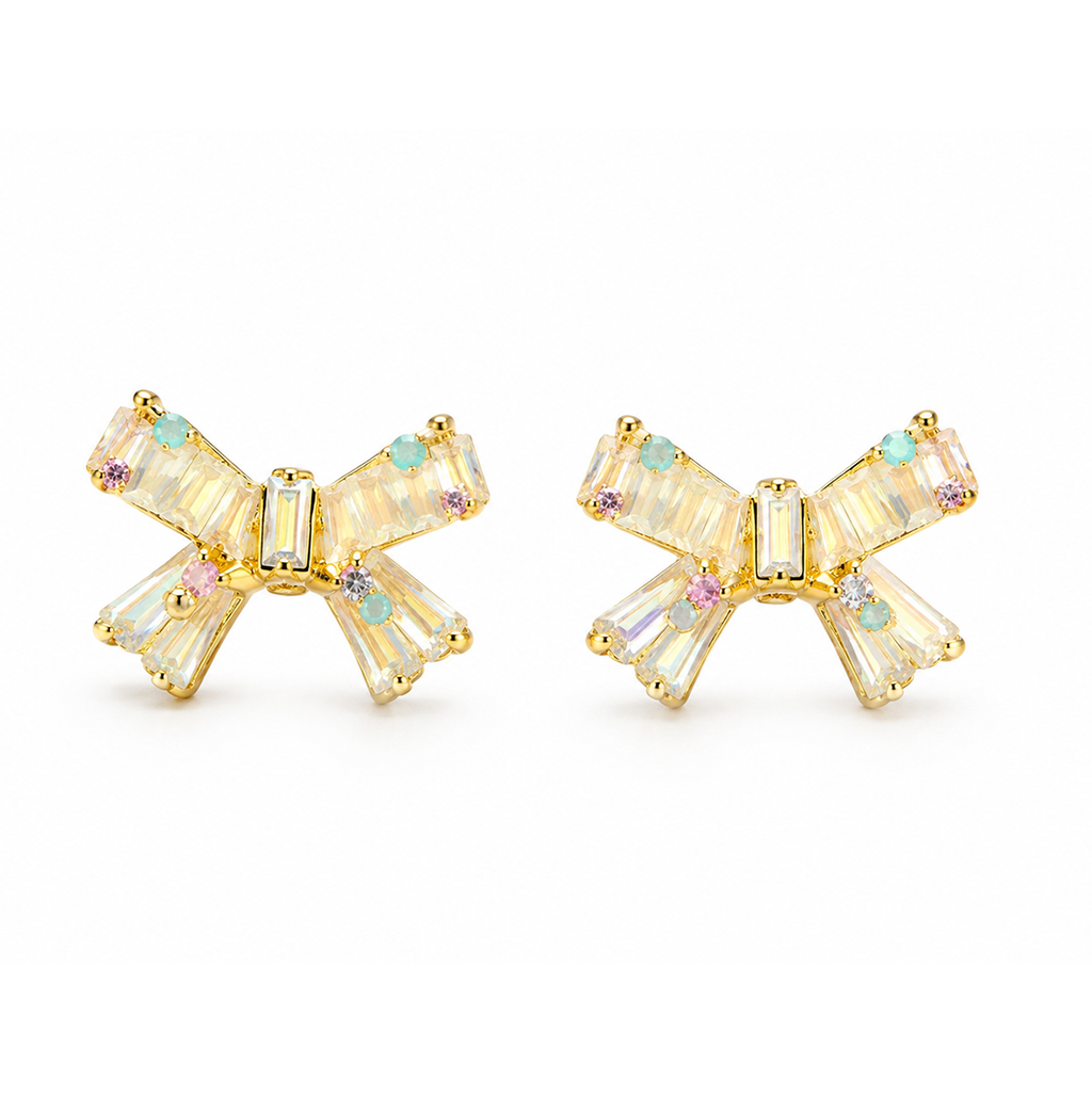 Iridescent Crystal Bow Stud Earrings – Delicate Aurora Bridal Jewelry