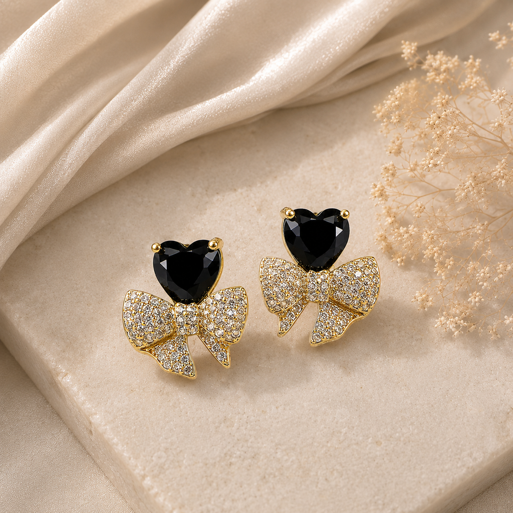 Gold-Tone Black Heart & Crystal Bow Stud Earrings