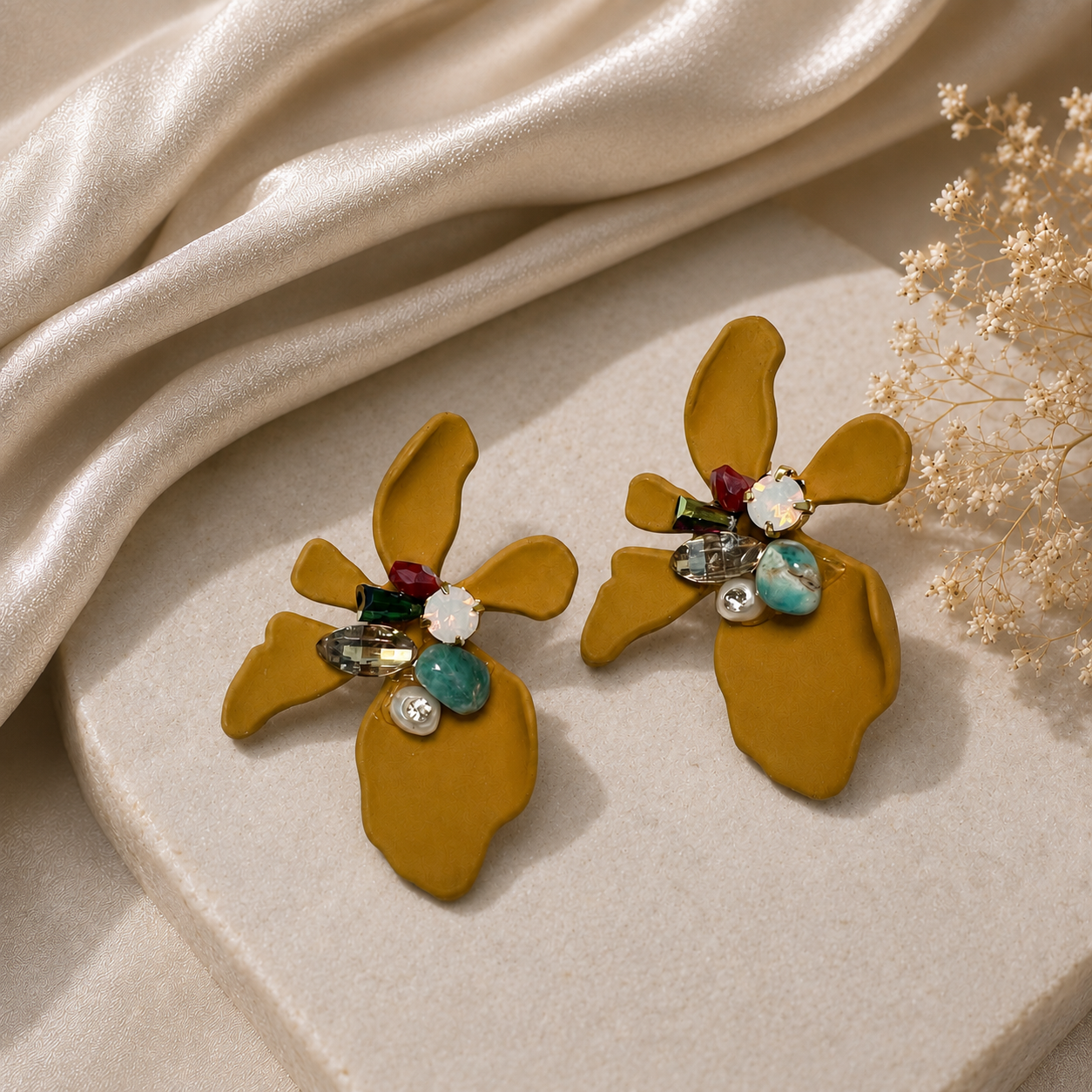 Mustard Yellow Flower Stud Earrings – Colorful Crystal Statement Jewelry