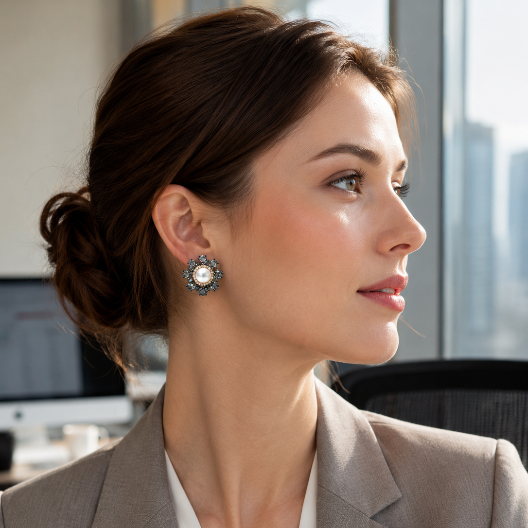 Pearl & Gray Crystal Starburst Stud Earrings – Elegant Bridal Jewelry