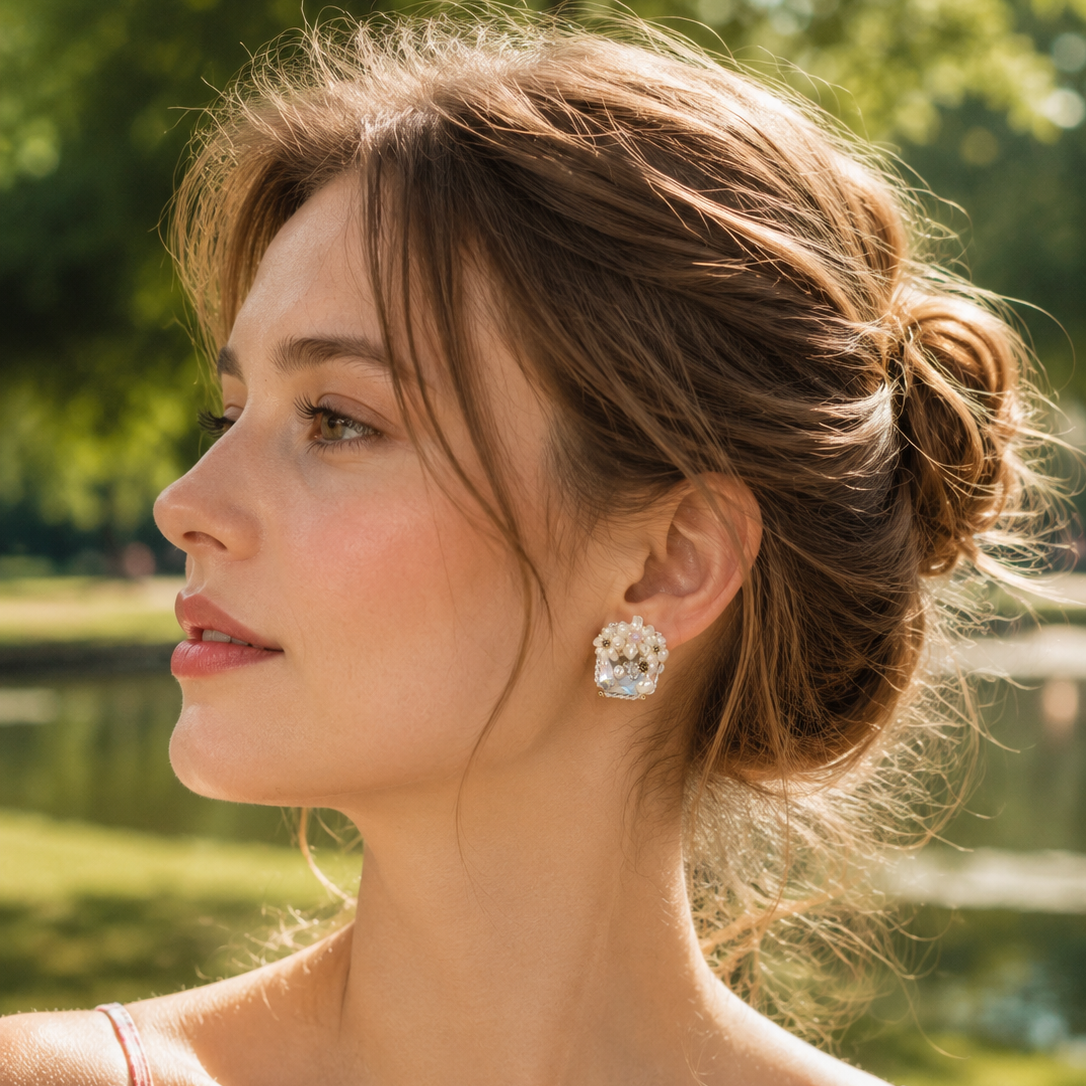 White Floral Crystal Cluster Stud Earrings – Delicate Pearl Bridal Jewelry
