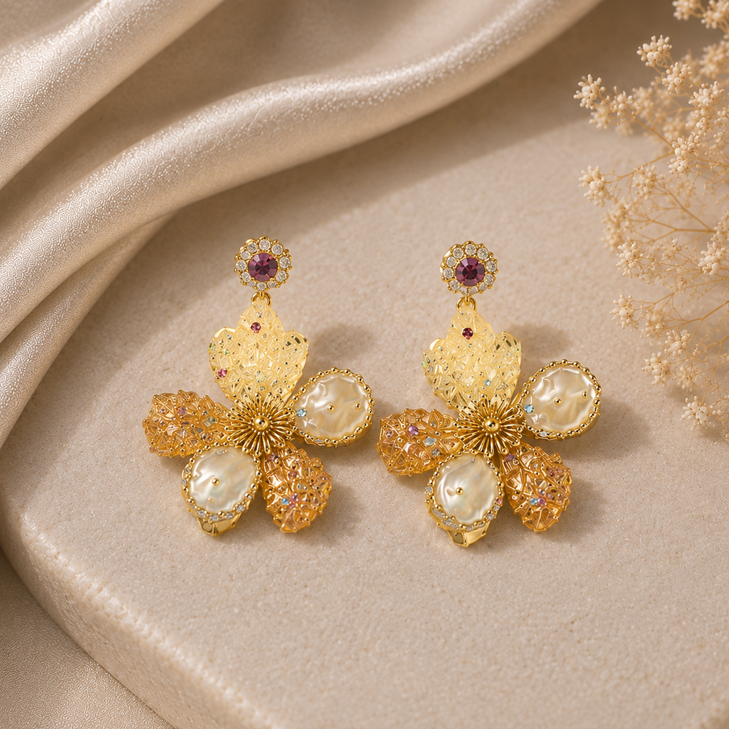 Gold Baroque Pearl Flower Drop Earrings – Luxury Statement Floral Jewelry