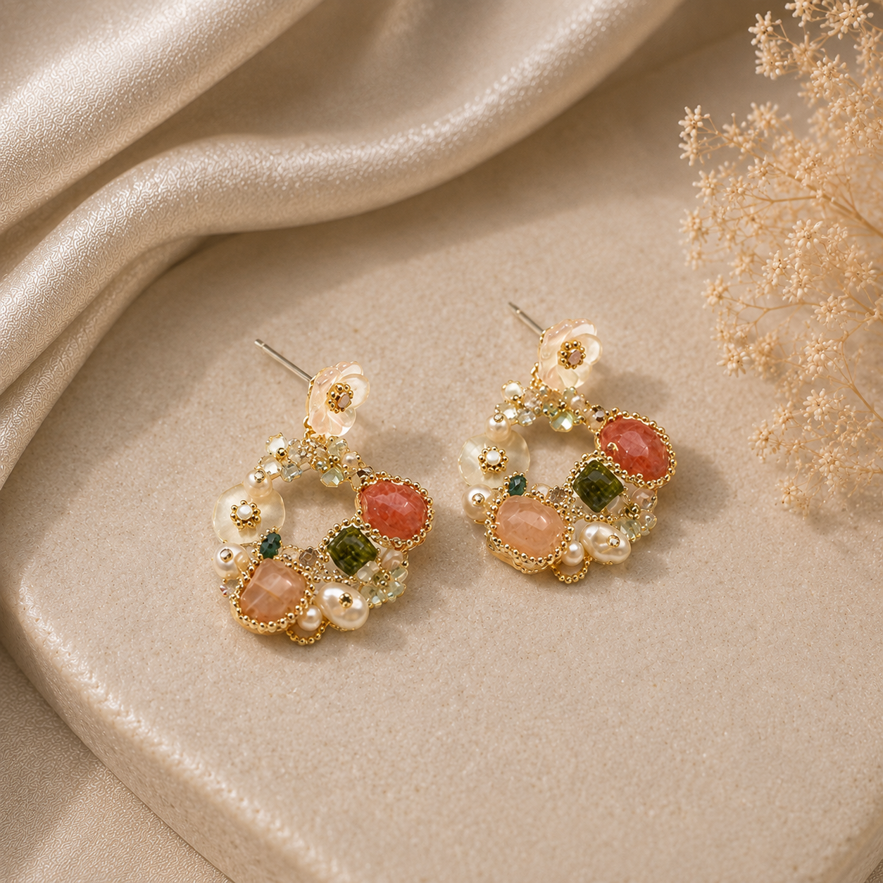 Pink Stone & Pearl Floral Hoop Earrings – Colorful Natural Gem Jewelry