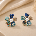 Blue Crystal & Pearl Flower Stud Earrings – Colorful Boho Statement Jewelry