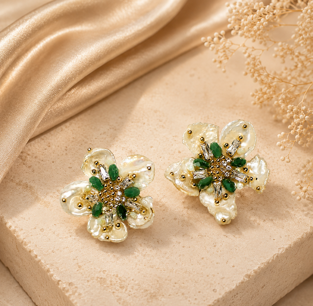 Baroque Pearl & Emerald Crystal Flower Stud Earrings – Luxury Floral Jewelry