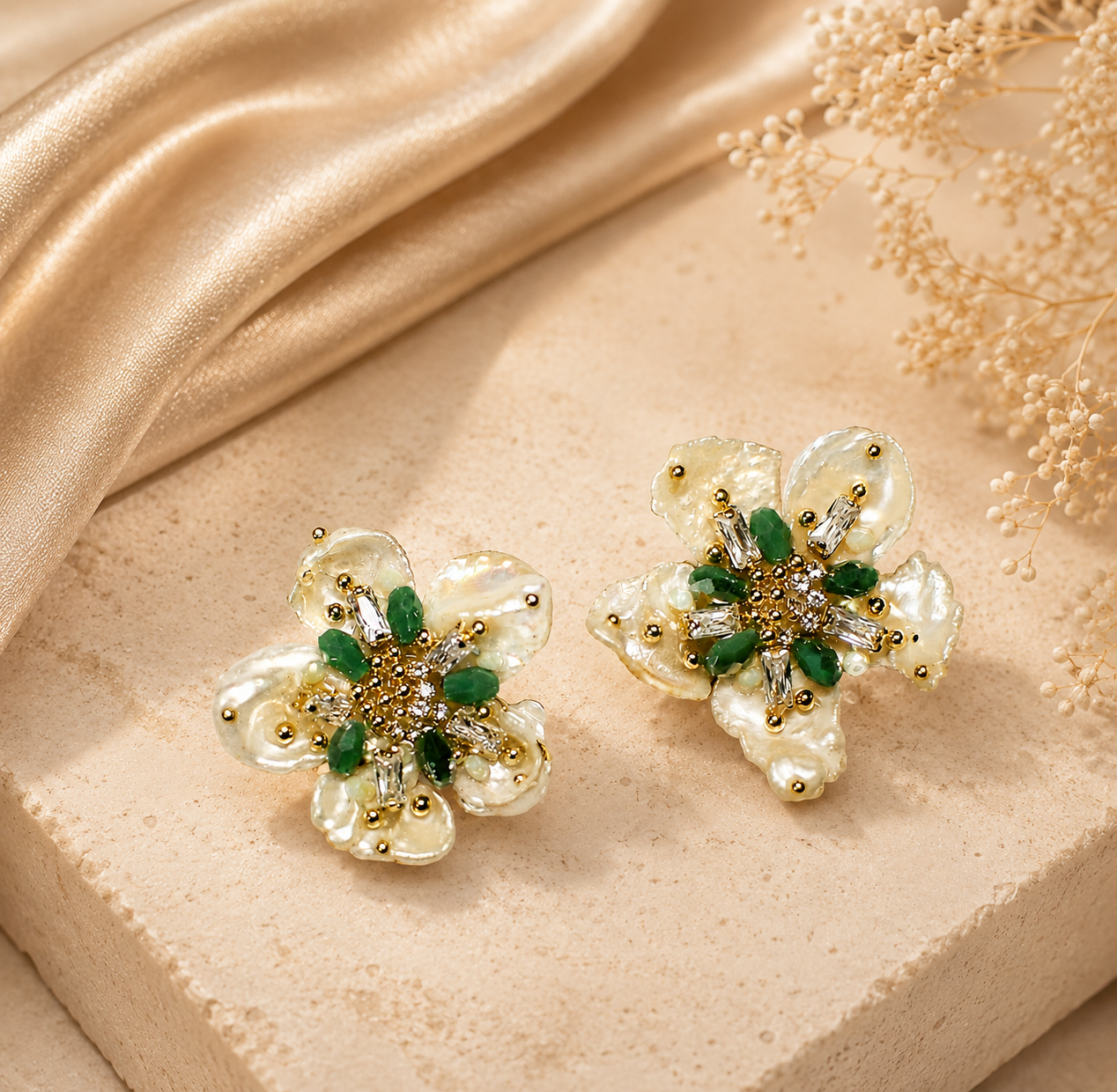 Baroque Pearl & Emerald Crystal Flower Stud Earrings – Luxury Floral Jewelry