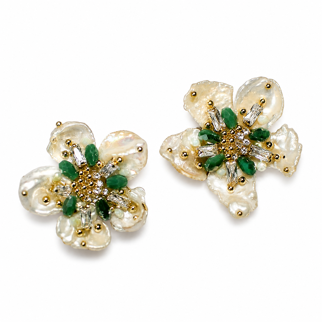 Baroque Pearl & Emerald Crystal Flower Stud Earrings – Luxury Floral Jewelry