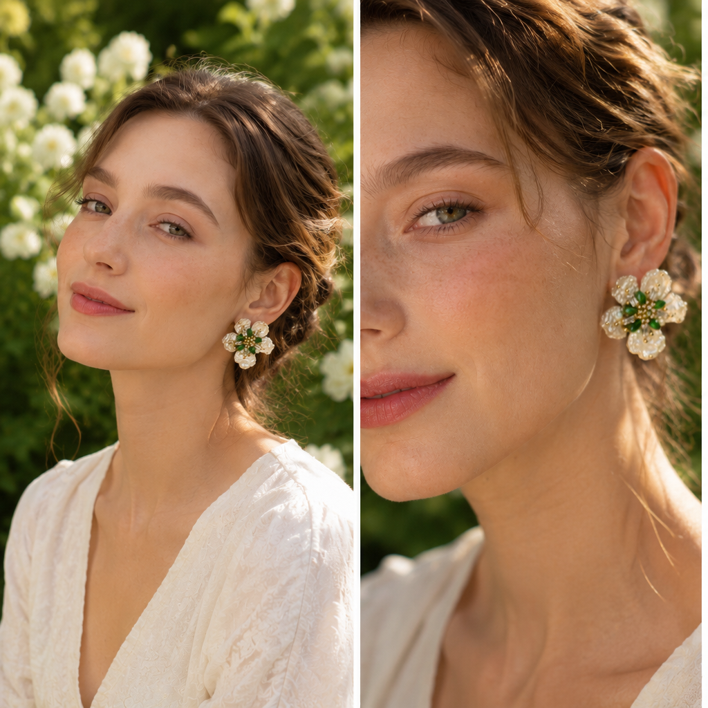 Baroque Pearl & Emerald Crystal Flower Stud Earrings – Luxury Floral Jewelry