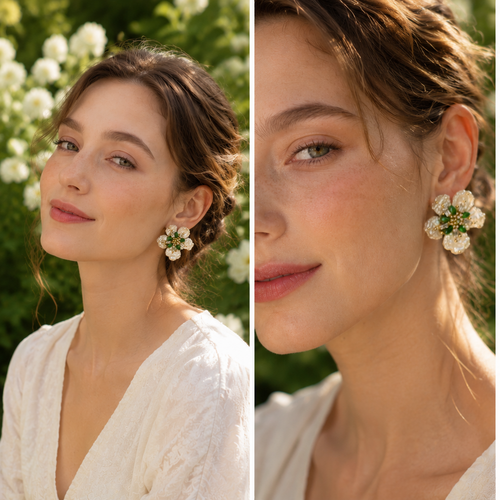 Baroque Pearl & Emerald Crystal Flower Stud Earrings – Luxury Floral Jewelry