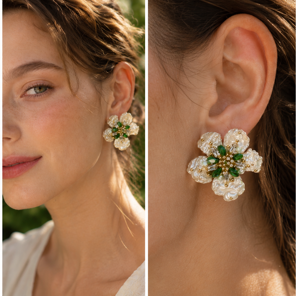 Baroque Pearl & Emerald Crystal Flower Stud Earrings – Luxury Floral Jewelry