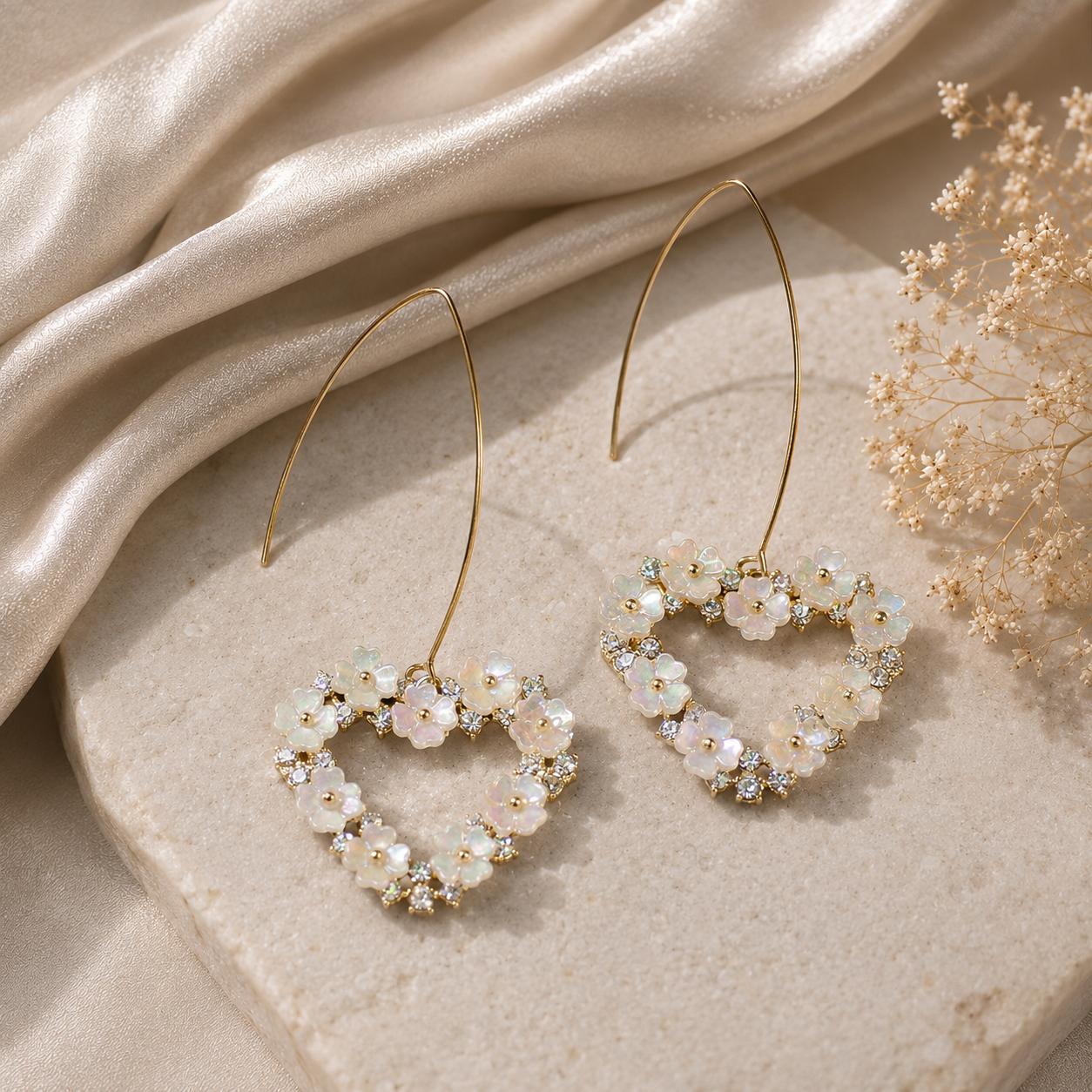 Pearl Floral Heart Hoop Earrings – Romantic Bridal Wire Jewelry
