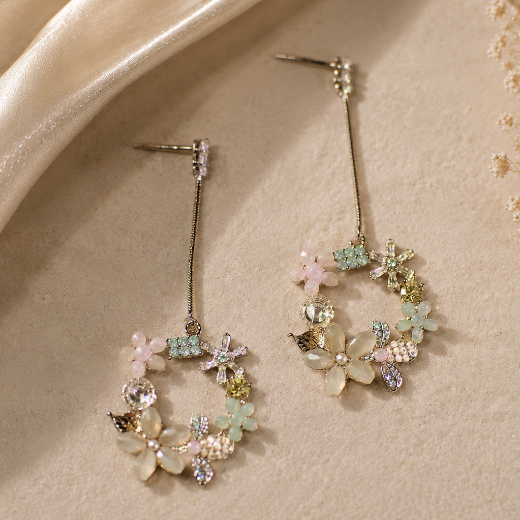 Pastel Floral Wreath Drop Earrings – Delicate Crystal Garden Jewelry