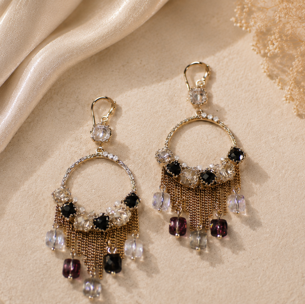 Bohemian Black & Purple Crystal Chandelier Drop Earrings – Gold Tassel Statement Jewelry