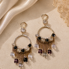 Bohemian Black & Purple Crystal Chandelier Drop Earrings – Gold Tassel Statement Jewelry
