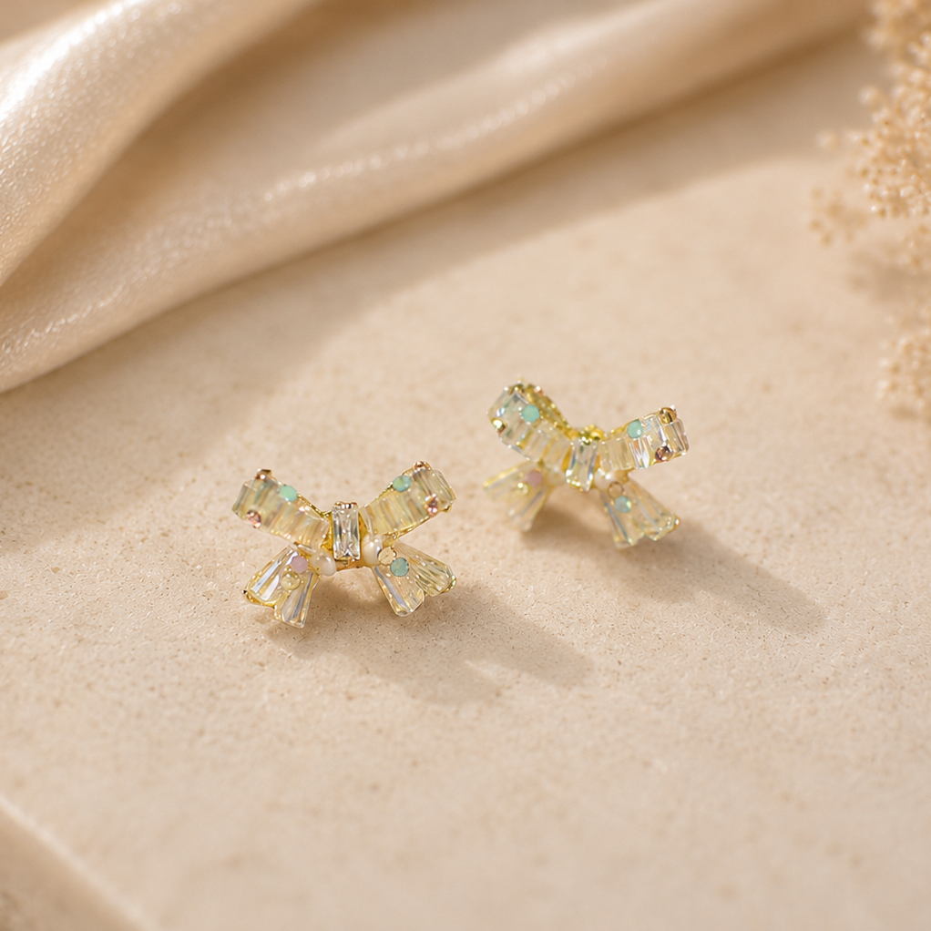 Iridescent Crystal Bow Stud Earrings – Delicate Aurora Bridal Jewelry