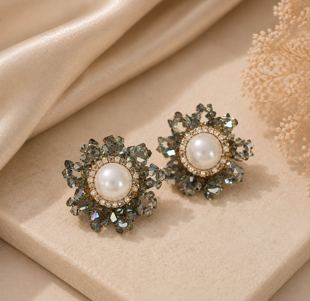Pearl & Gray Crystal Starburst Stud Earrings – Elegant Bridal Jewelry