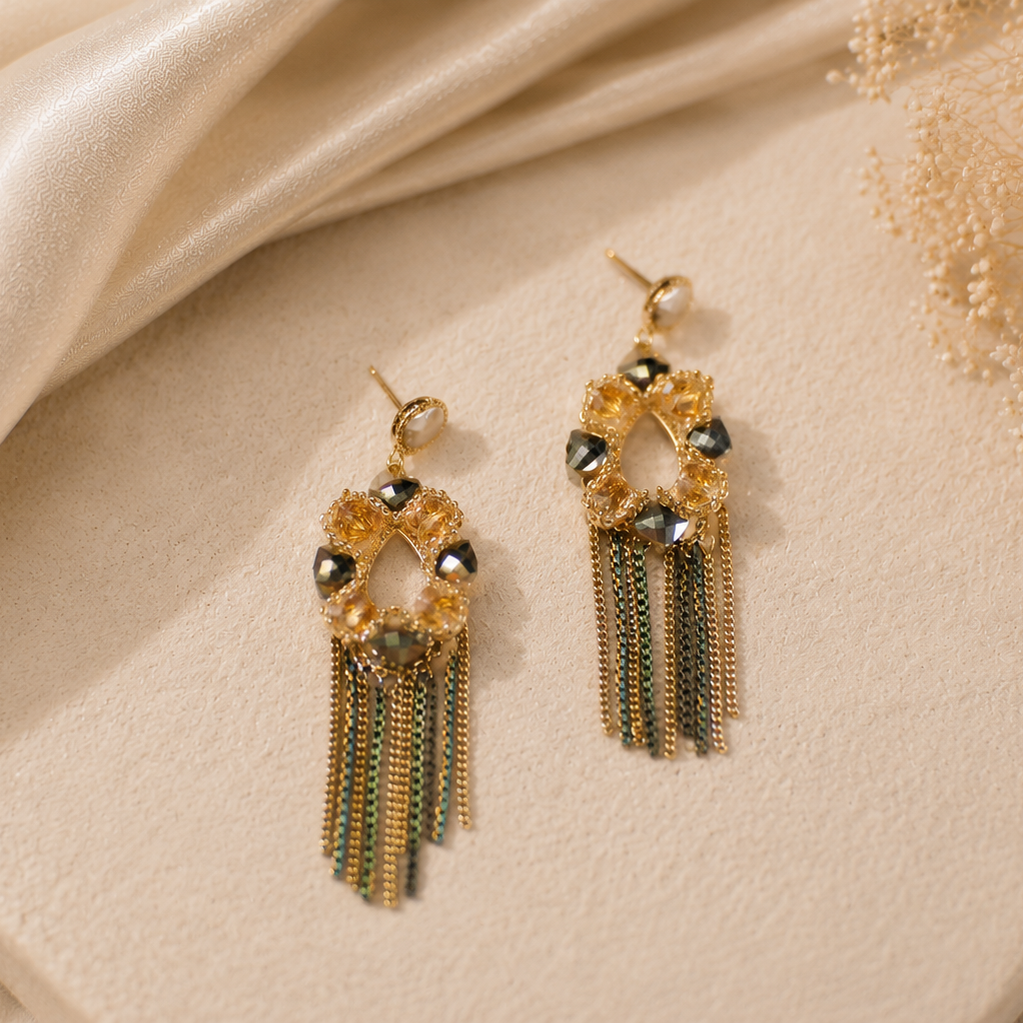 Gold & Smoke Crystal Tassel Drop Earrings – Glamorous Chain Fringe Jewelry