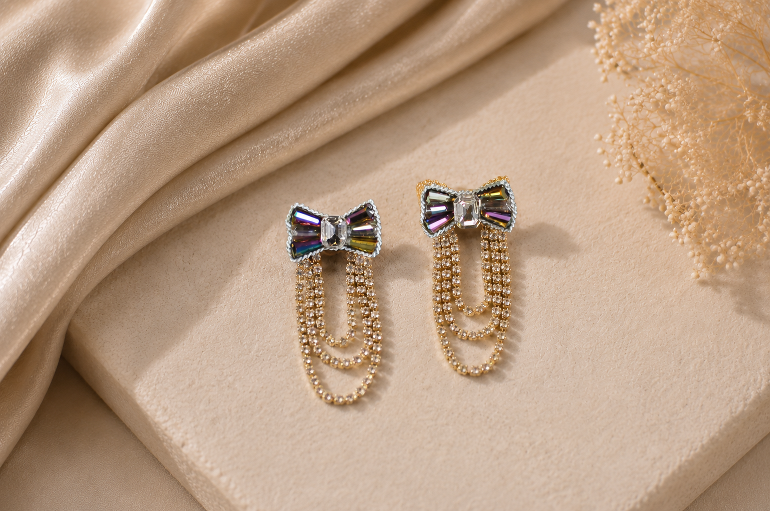 Crystal Bow & Gold Chain Drop Earrings