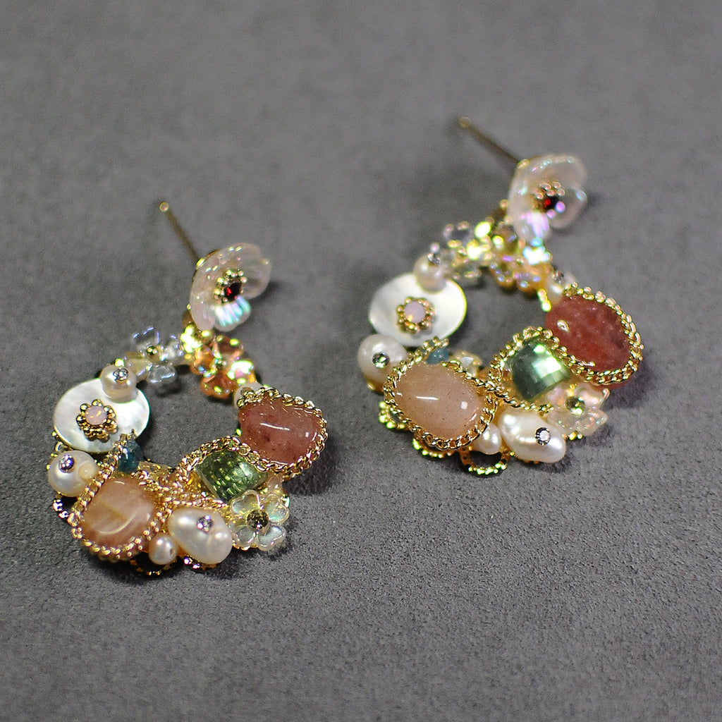 Pink Stone & Pearl Floral Hoop Earrings – Colorful Natural Gem Jewelry