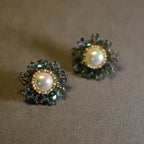 Pearl & Gray Crystal Starburst Stud Earrings – Elegant Bridal Jewelry