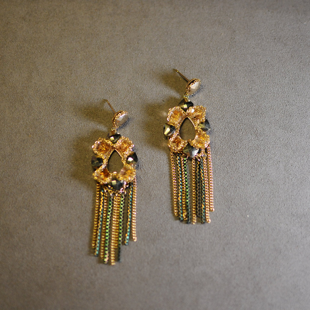 Gold & Smoke Crystal Tassel Drop Earrings – Glamorous Chain Fringe Jewelry