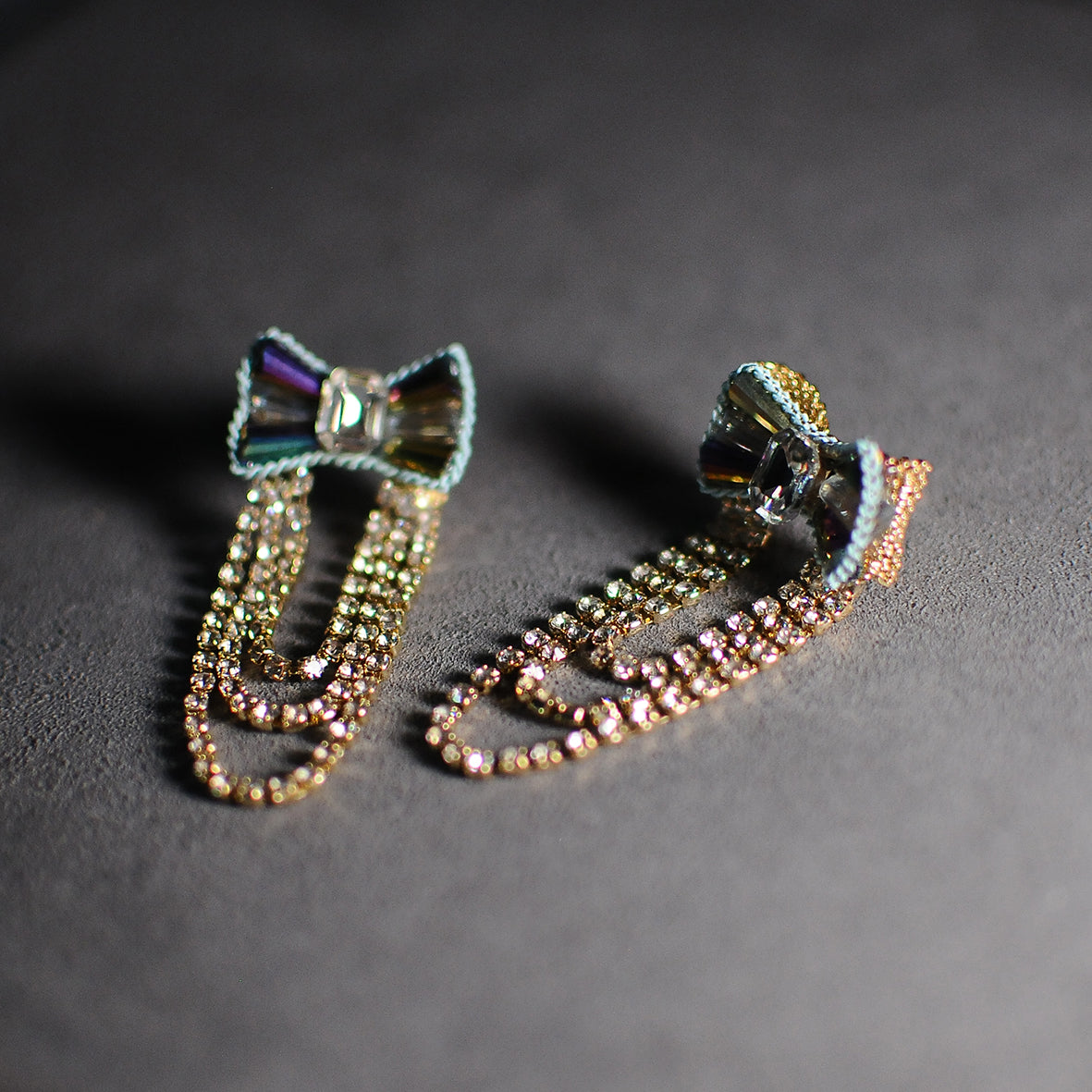 Crystal Bow & Gold Chain Drop Earrings