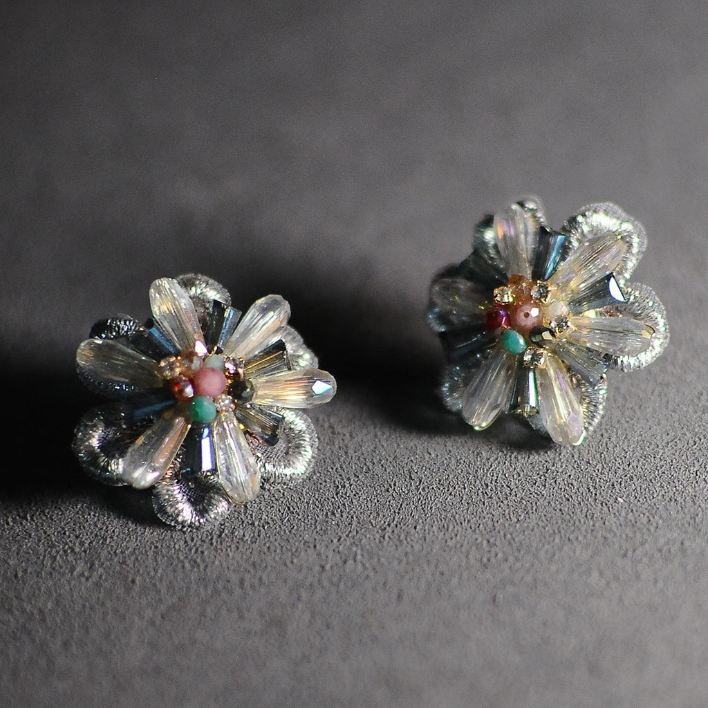 Aurora Crystal Flower Stud Earrings– Iridescent Colorful Floral Jewelry